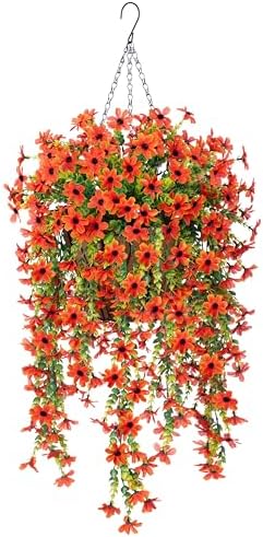 INXUGAO Artificial Hanging Flower Basket with Faux Silk Bougainvillea and Eucalyptus Leaves - Orange