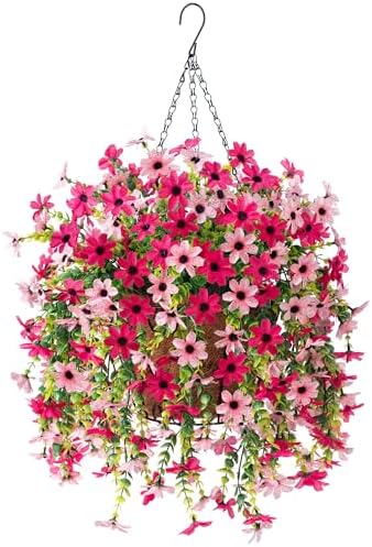 Artificial Hanging Flower Basket with Metal Chains and Faux Silk Flowers Rose Pink