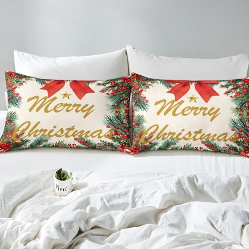 Homewish Merry Christmas Fitted Sheet Twin Size with 1 Pillowcase