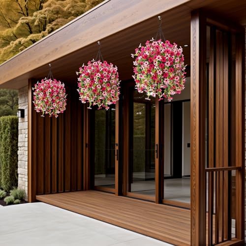Artificial Hanging Flower Basket with Metal Chains and Faux Silk Flowers Rose Pink
