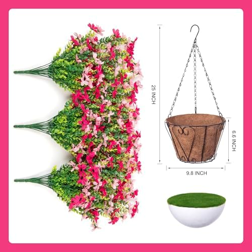 Artificial Hanging Flower Basket with Metal Chains and Faux Silk Flowers Rose Pink