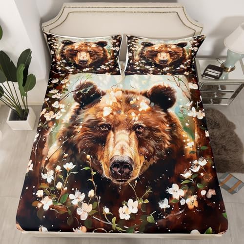 Homewish Bear Print Fitted Sheet Twin Size with Pillowcase 1