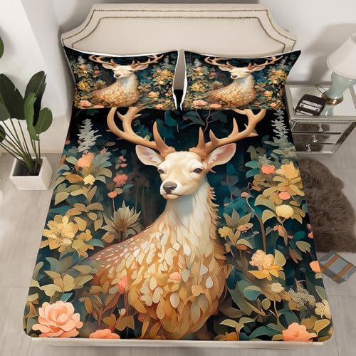 Homewish Wild Deer Fitted Sheet Twin Size Pink Floral