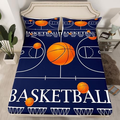 Castle Fairy Basketball Fitted Sheet Twin Size Navy Blue Design
