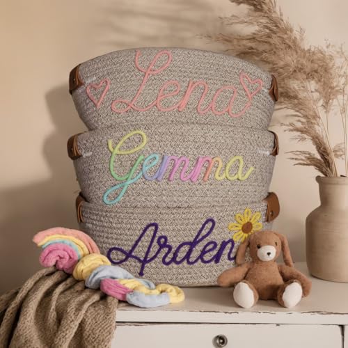 Personalized Leather Baby Shower Basket with Cotton Rope Handles