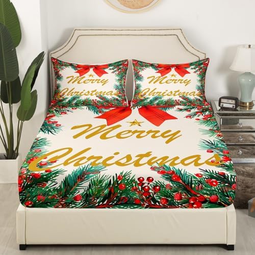 Homewish Merry Christmas Fitted Sheet Twin Size with 1 Pillowcase