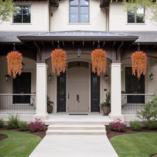 INXUGAO Artificial Hanging Flower Basket with Faux Silk Bougainvillea and Eucalyptus Leaves - Orange