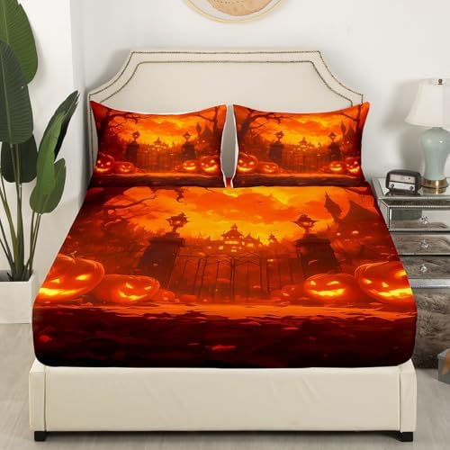 Castle Fairy Halloween Pumpkin Fitted Sheet Twin Size