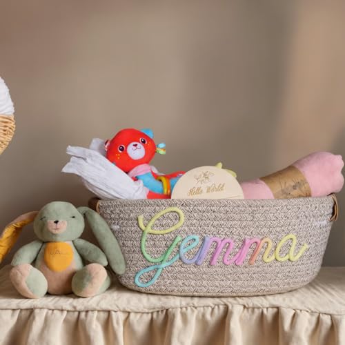 Personalized Leather Baby Shower Basket with Cotton Rope Handles