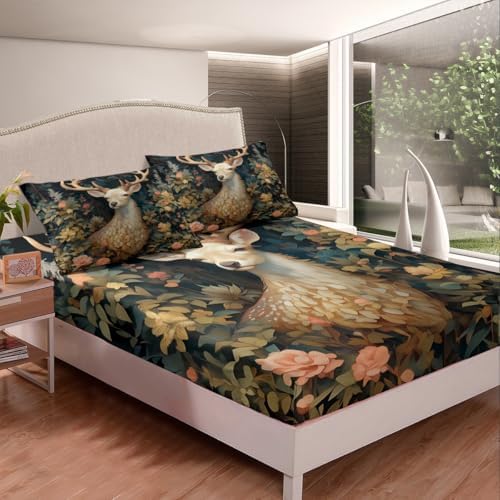Homewish Wild Deer Fitted Sheet Twin Size Pink Floral