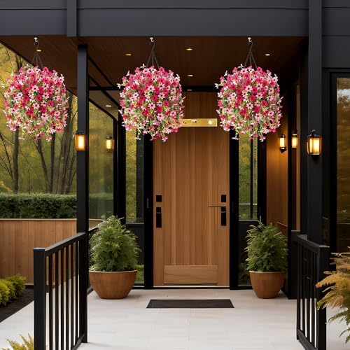 Artificial Hanging Flower Basket with Metal Chains and Faux Silk Flowers Rose Pink