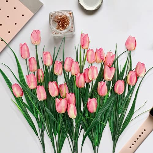 6 Bundles Artificial Tulips Pink UV Resistant Home Garden Decor