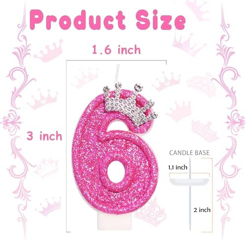 ElekFX Birthday Candle Number 6 3 Inch Tall Crown Rose Design