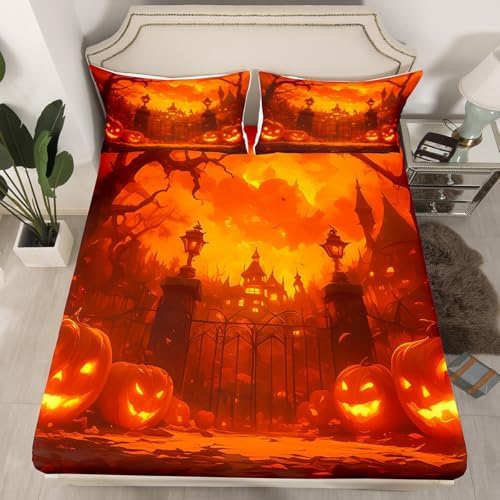 Castle Fairy Halloween Pumpkin Fitted Sheet Twin Size