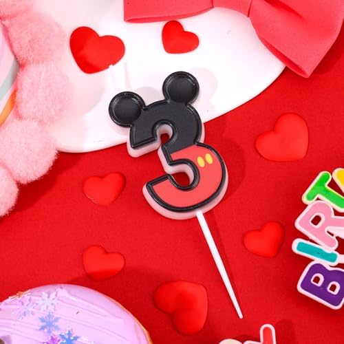 Red Number 3 Birthday Candle with Mouse Ears Design