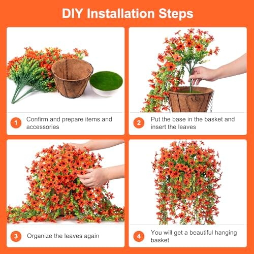 INXUGAO Artificial Hanging Flower Basket with Faux Silk Bougainvillea and Eucalyptus Leaves - Orange