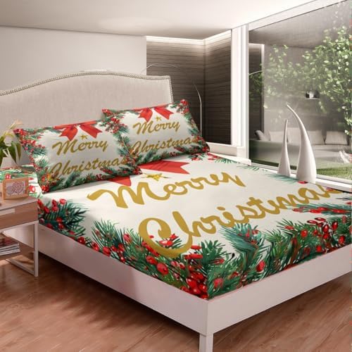 Homewish Merry Christmas Fitted Sheet Twin Size with 1 Pillowcase