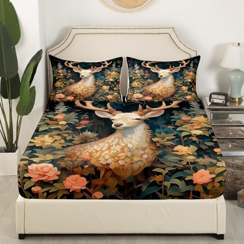Homewish Wild Deer Fitted Sheet Twin Size Pink Floral
