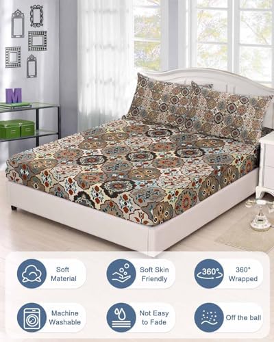 King Fitted Sheet Deep Pocket with Elastic and Abstract Floral Pattern