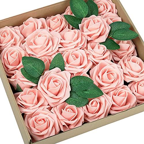 Greenco 25 pcs Artificial Pink Roses Faux Flower Set