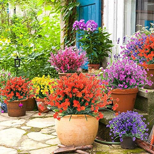 ArtBloom 8 Bundles UV Resistant Artificial Flowers Orange Red