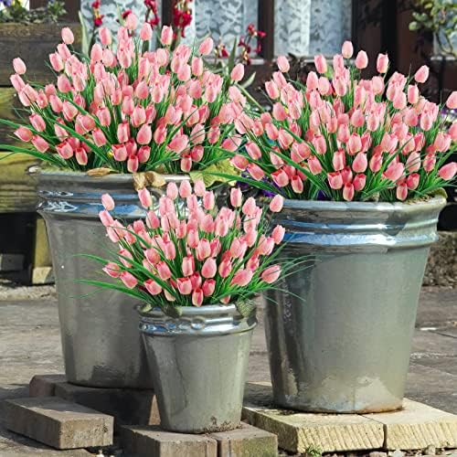 6 Bundles Artificial Tulips Pink UV Resistant Home Garden Decor