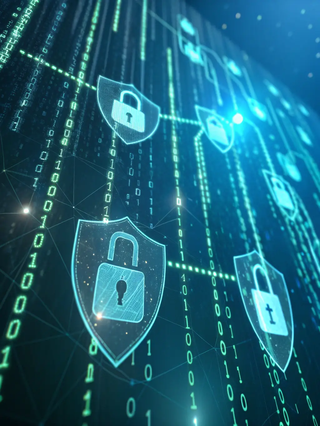 An image representing cybersecurity consulting, showing a shield and lock icons overlaid on a network diagram.