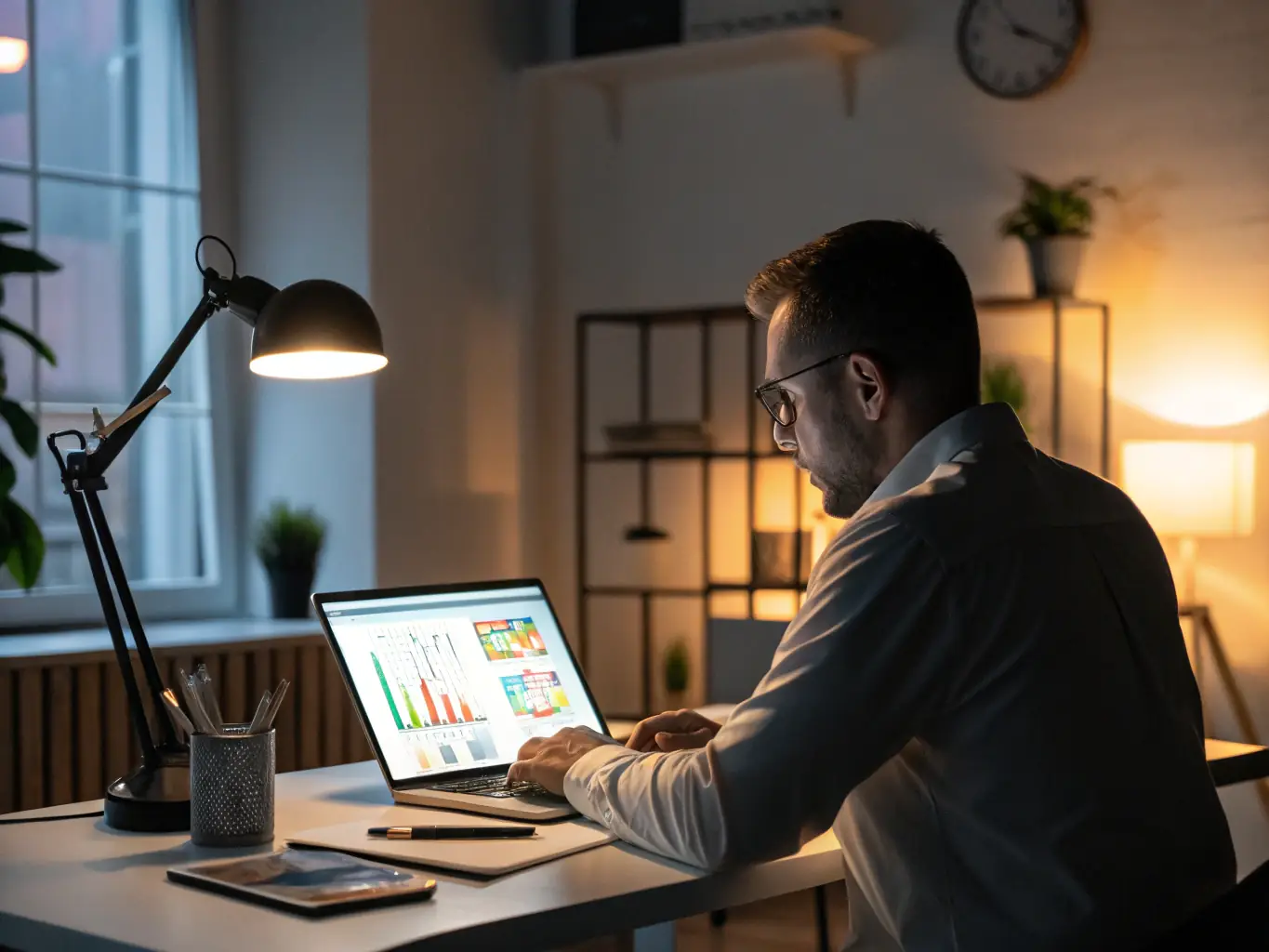 A consultant in a modern office setting, analyzing data on a laptop with charts and graphs displayed on a large monitor in the background, symbolizing data-driven consulting.