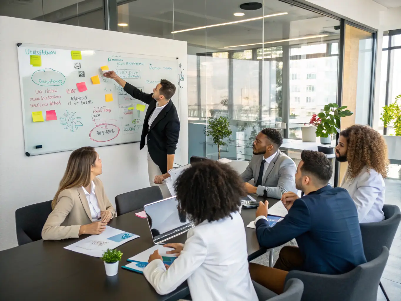 A diverse team of consultants collaborating in a bright, open workspace, brainstorming ideas and developing strategies for a client project.