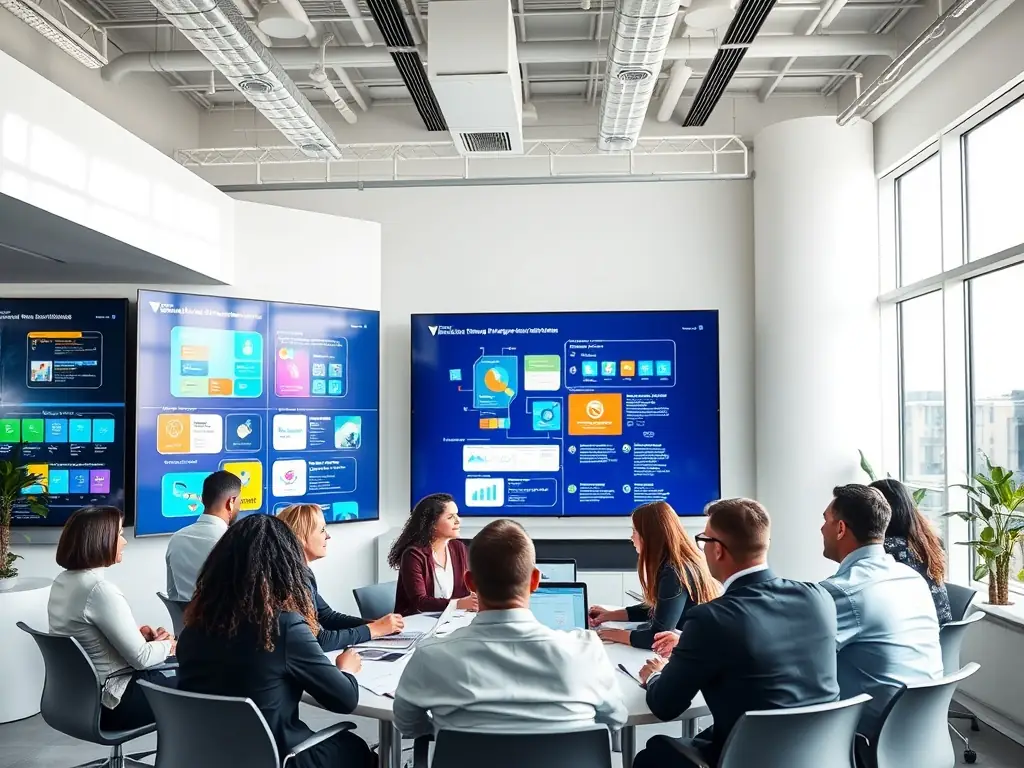 A photograph of a diverse team of HelixScope consultants brainstorming in a modern office setting, emphasizing collaboration and innovation.