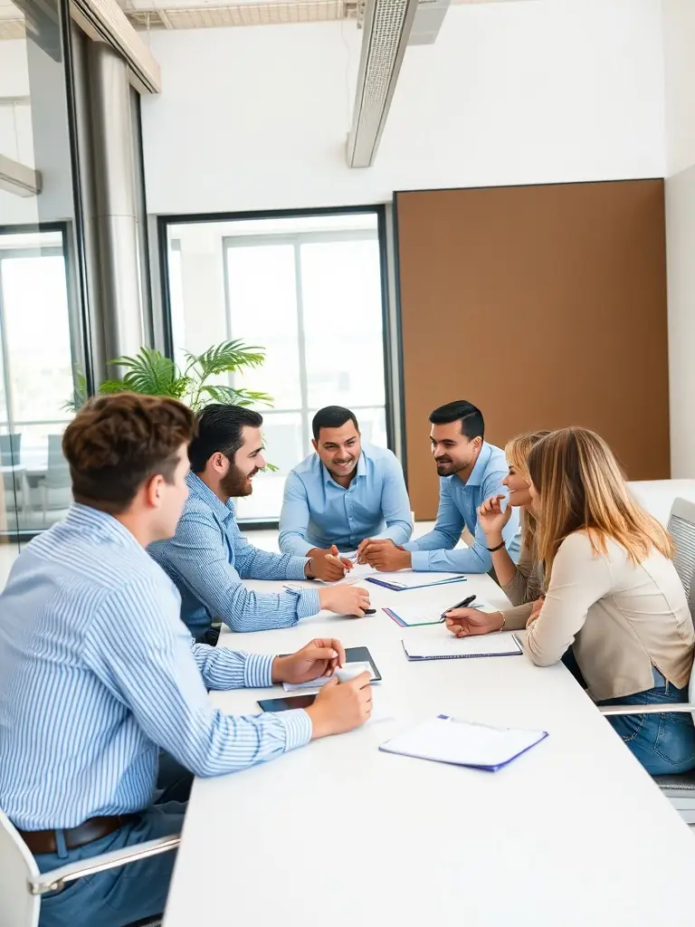 An image depicting a team of consultants collaborating with a client on a digital transformation strategy, showcasing collaborative problem-solving.