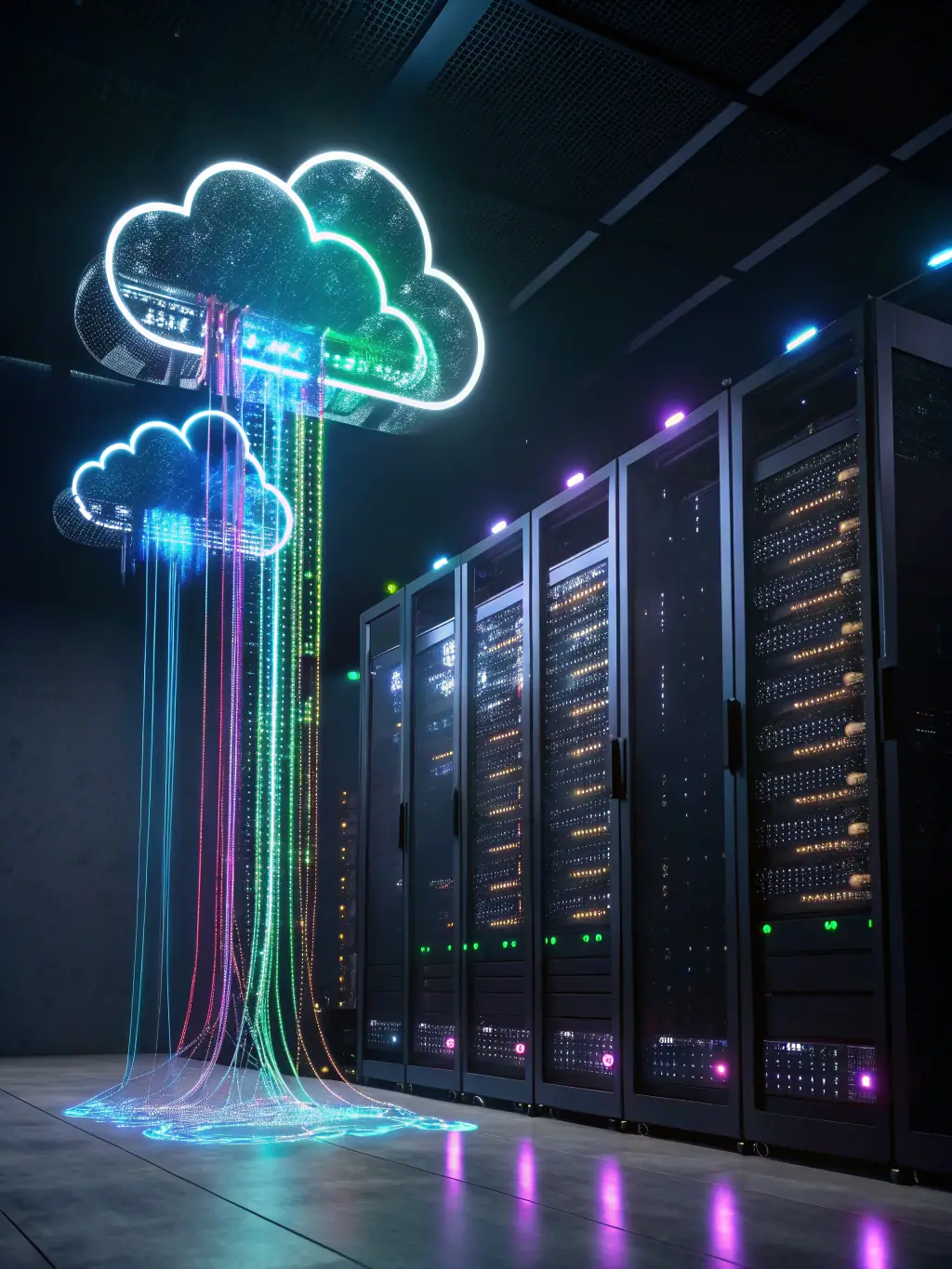 An image representing cloud computing consulting, showing servers and data flowing into a cloud icon.